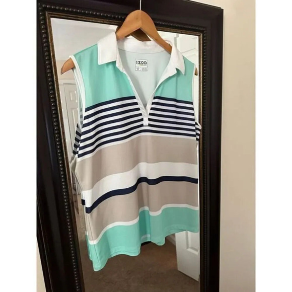 Izod Women’s Sleeveless Polo Shirt Size XL Striped Golf Tennis Top Collared Tank - Picture 2 of 5